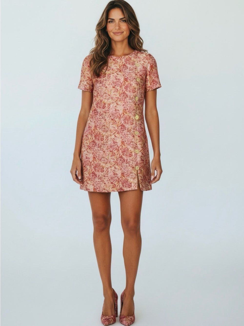 Mestiza New York ISOLDE Metallic Jacquard Round Neck Short Sleeve Mini Dress